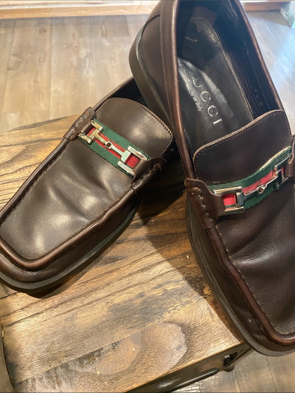 Gucci Brown Leather Loafers with Green-Red Web and Silver Bit